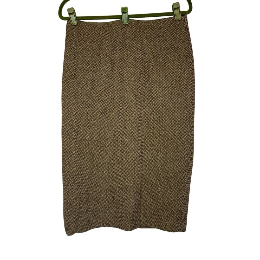 Y2K Lauren Ralph Lauren Wool Tweed Skirt Sz 12 Olive Green Beige Lined A Line